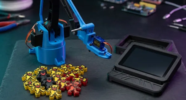 A blue 3D-printed robot arm and a black display case on a workbench