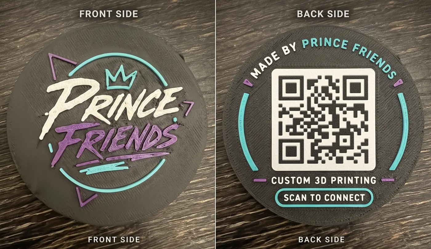 Front and back of the Prince Friends coin: the raised logo on one side, a QR code reading Made by Prince Friends, Scan to connect on the other