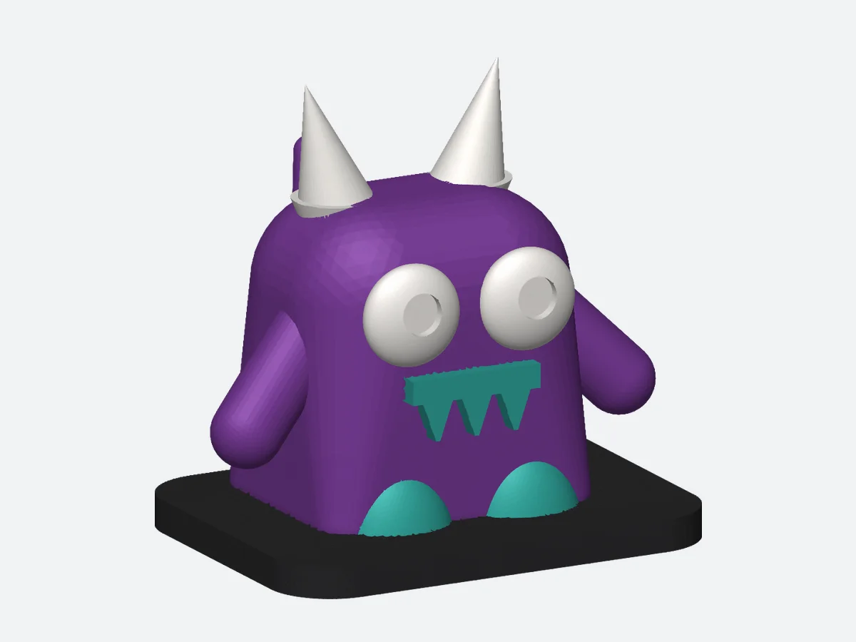A purple desk monster with two cream horns, two big eyes, three teal teeth, arms and teal feet, standing on a dark base