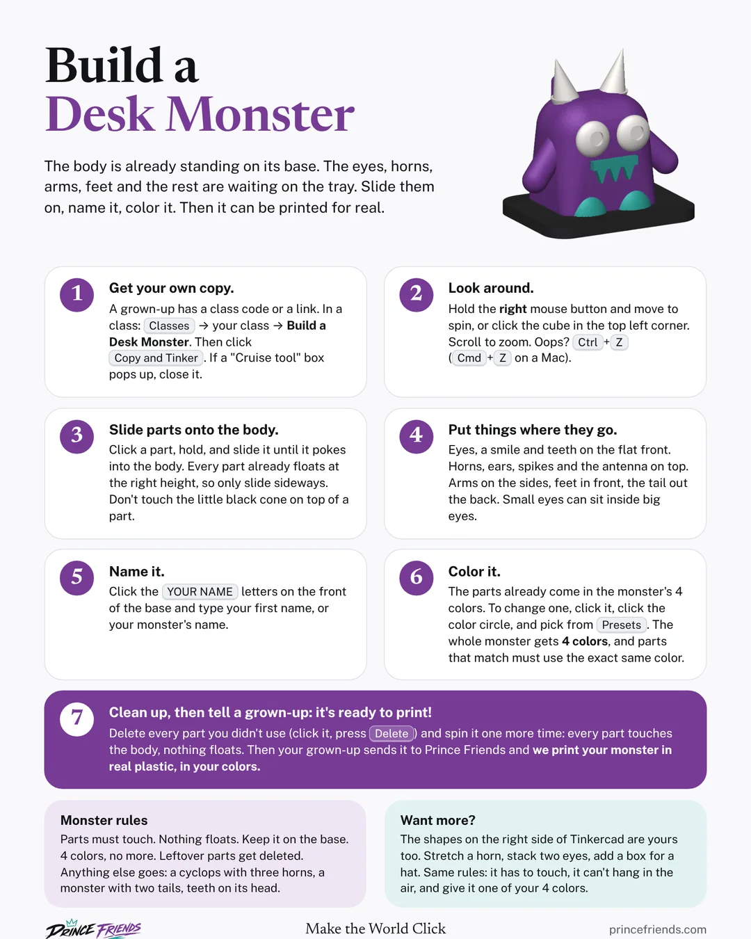 The kid card: seven numbered steps for building a desk monster, with a picture of the sample monster